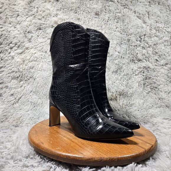 Chinese Laundry Women Sz 10 Black Croc Print Faux Leather Zip Midcalf Heel Boots - Picture 1 of 9